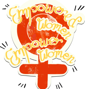 illustration on white background with text written across; "empowered women, empower women"