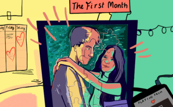 Why do women love hilarious men so much? A woman puts her arms around a man standing in front of her with a colourful background.