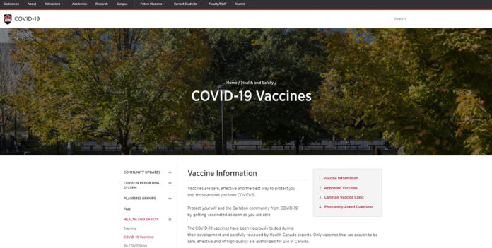 Screenshot of Carleton's Health and Counselling Services website displaying information about the COVID-19 vaccine.