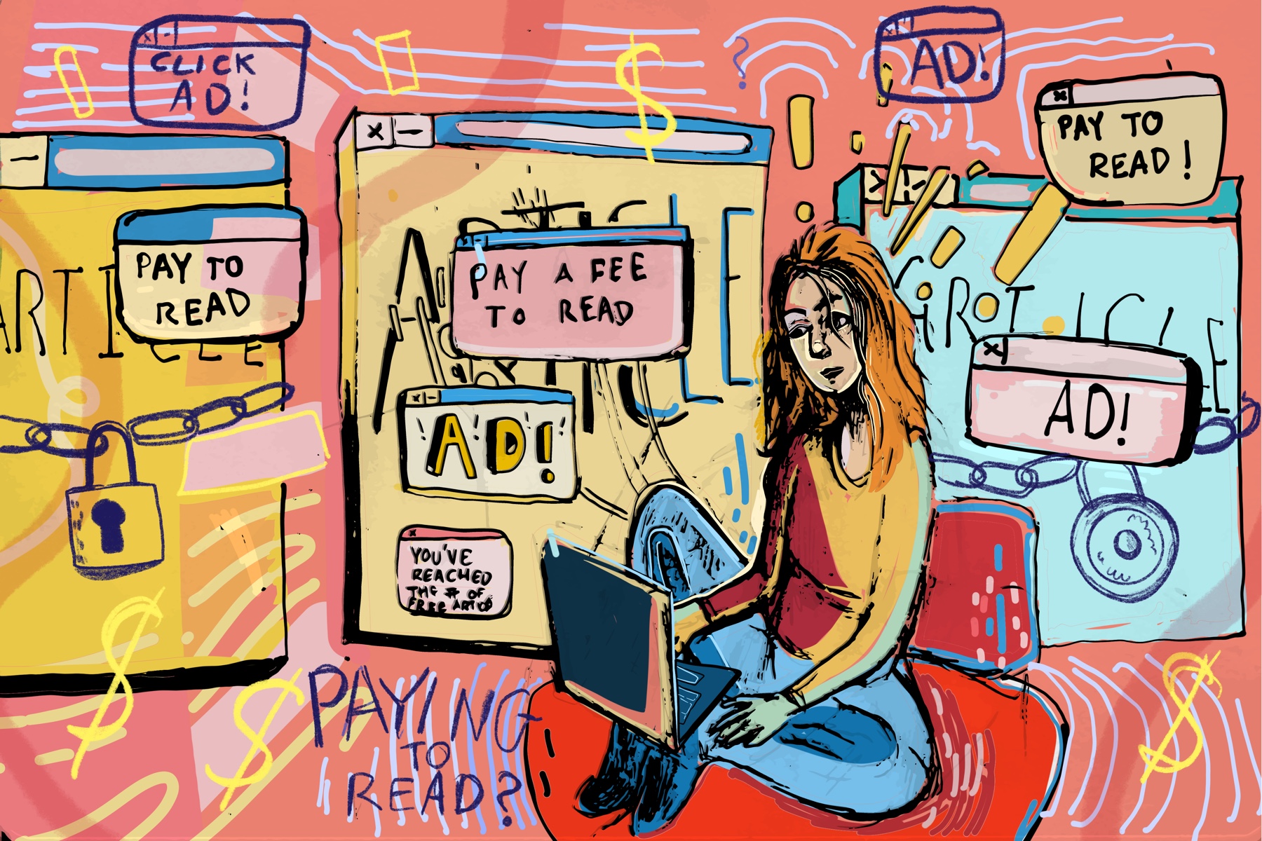 Some news organizations use advertisements and paywalls to generate income. [Graphic by Sara Mizannojehdehi]