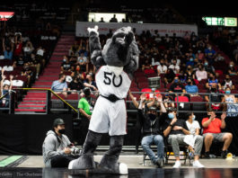 A photo of Ottawa BlackJacks mascot attempting to hype-up the crowd.