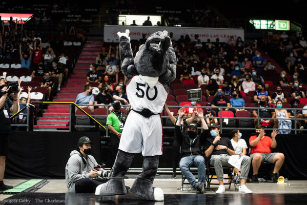 A photo of Ottawa BlackJacks mascot attempting to hype-up the crowd.