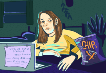 Eating to cope: How students are dealing with COVID-19-related stress Stressed student studying with bag of chips. Featured graphic by Sara Mizannojehdehi.