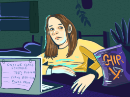 Stressed student studying with bag of chips. Featured graphic by Sara Mizannojehdehi.