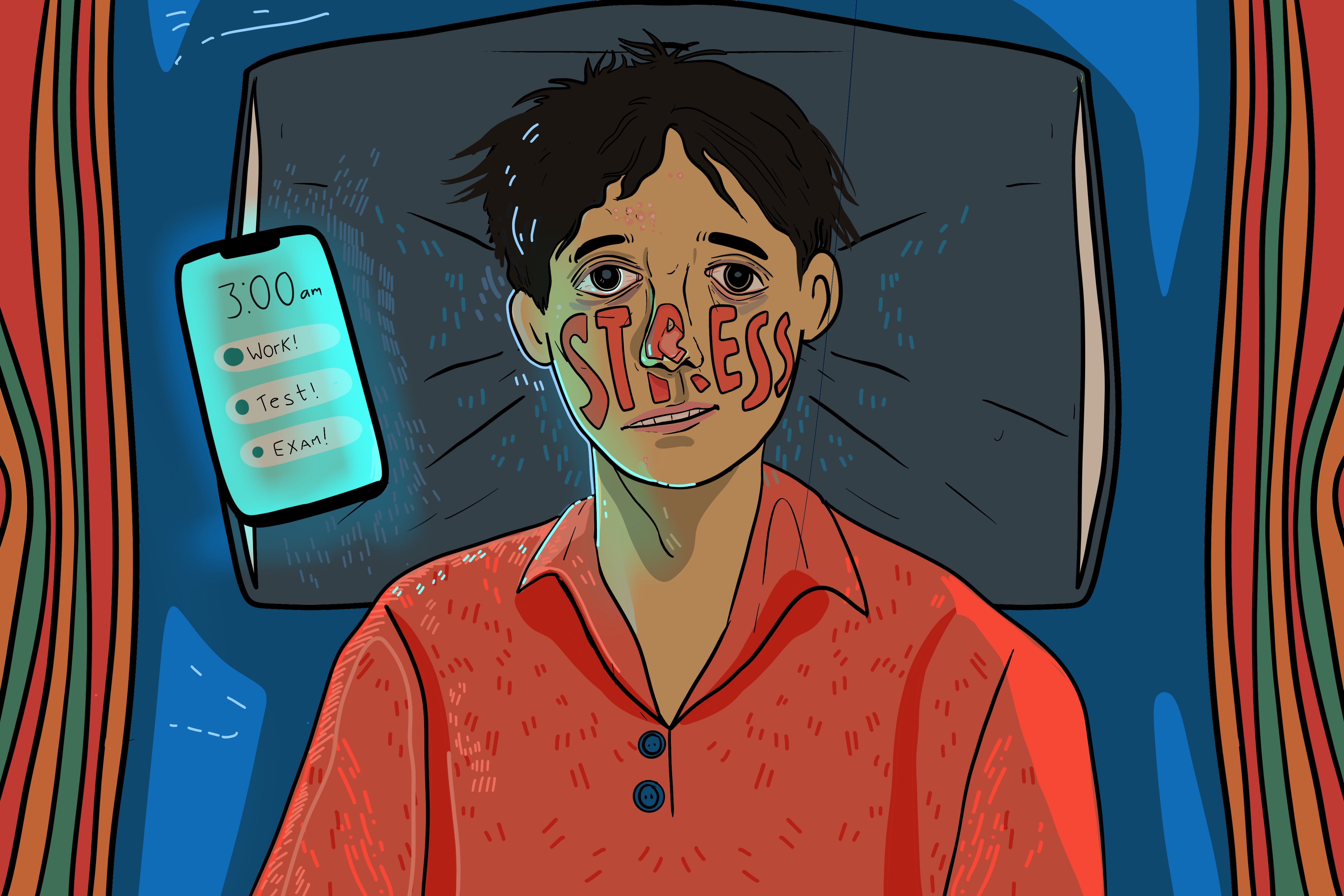 Experts explain that often insomnia and stress are related issues. Person in bed with stress across their face, phone beside them shows it is 3:00 a.m. [Graphic by Sara Mizannojehdehi]