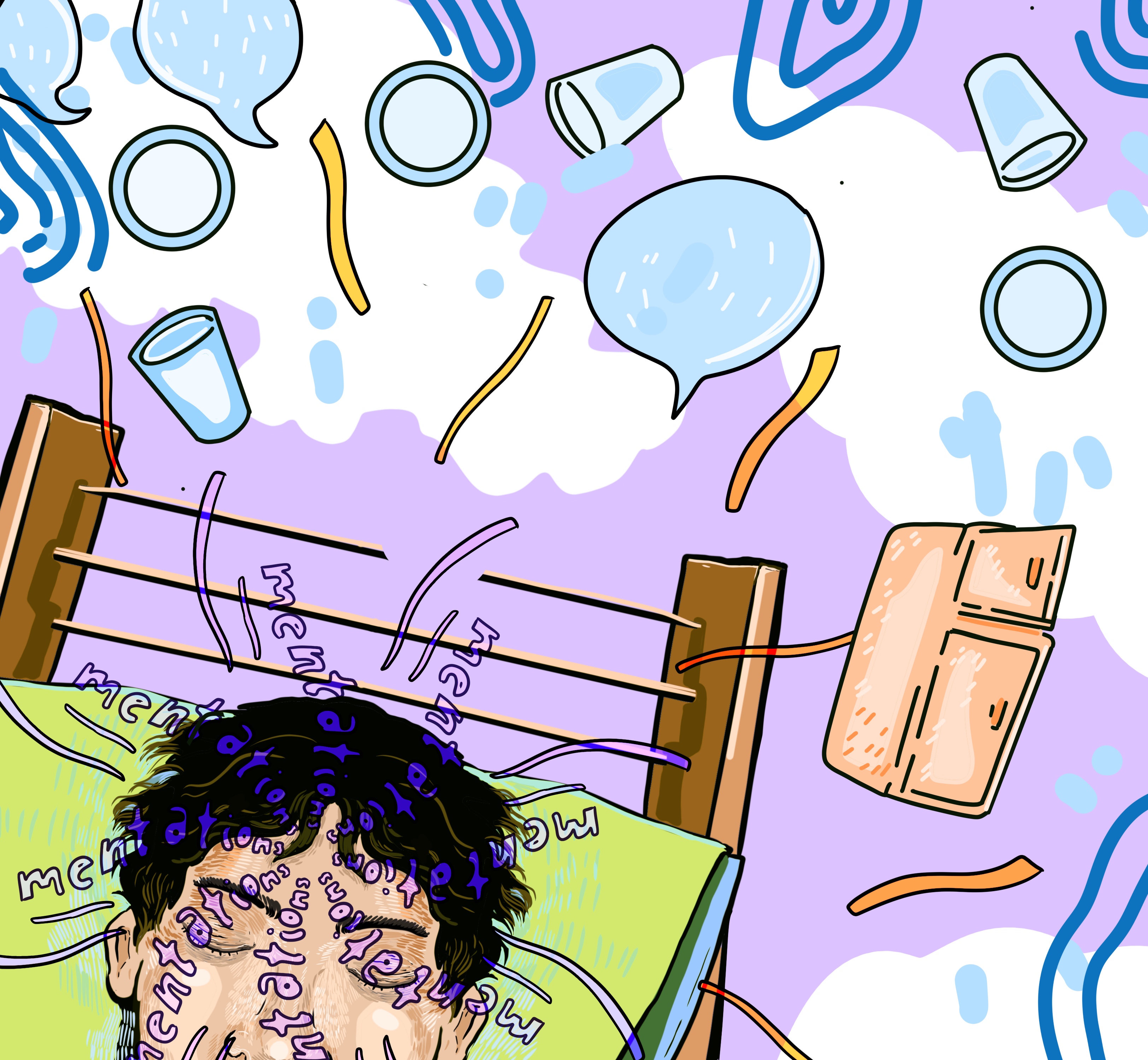 Mentations are active cognitive processes. Person is bed surrounded by things that are related to mentations such as a fridge, cups, speech bubbles, etc.[Graphic by Sara Mizannojehdehi]