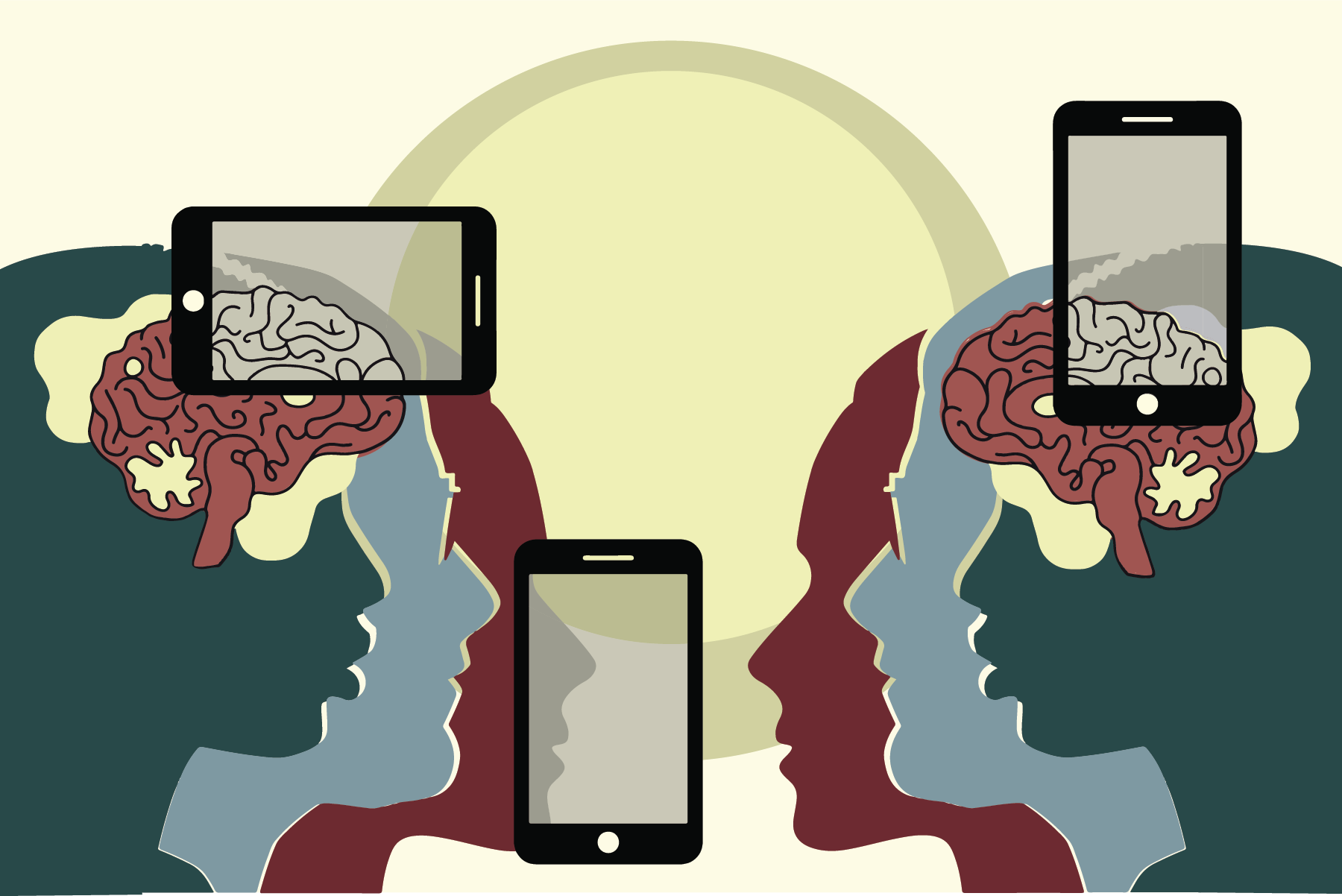 Mainstream media and news outlets typically have a one-dimensional outlook on disabilities, Lacey said. Graphic of cellphones over people's heads where you can see their brain as a different colour through their phone. Graphic by Sierra Mclean]