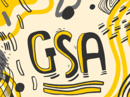 Graphic with the letters "GSA" writtne in Black and Yellow against cream background.