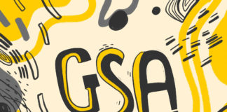 Graphic with the letters "GSA" writtne in Black and Yellow against cream background.