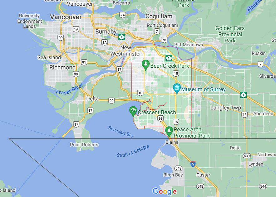 A map showing St. George’s Coptic Orthodox Church is located in in Surrey B.C. [Screenshot from Google Maps]