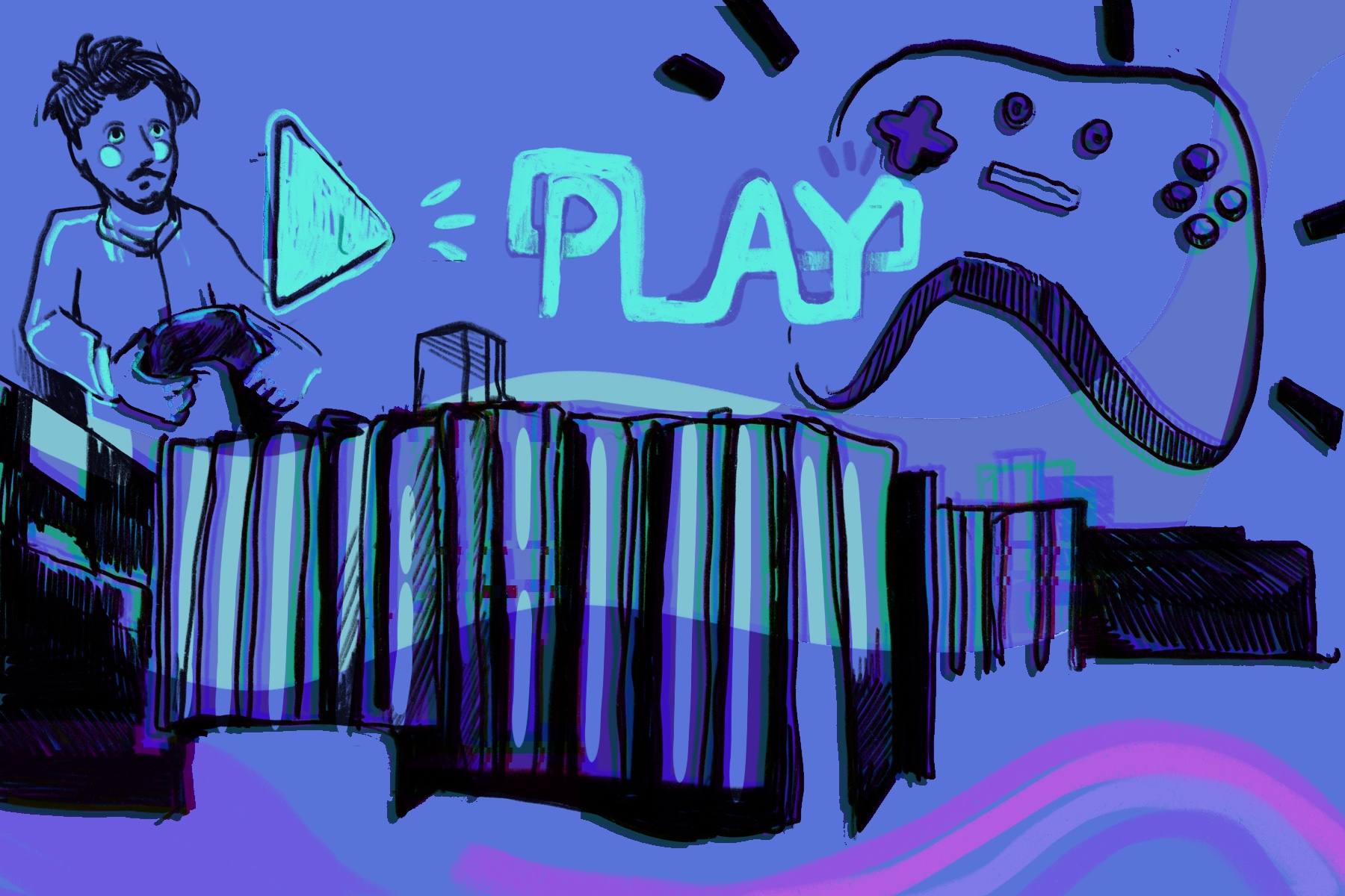 Someone playing a video game, is holding a controller. The word play in neon blue is visible in the middle of the graphic beside a giant controller.