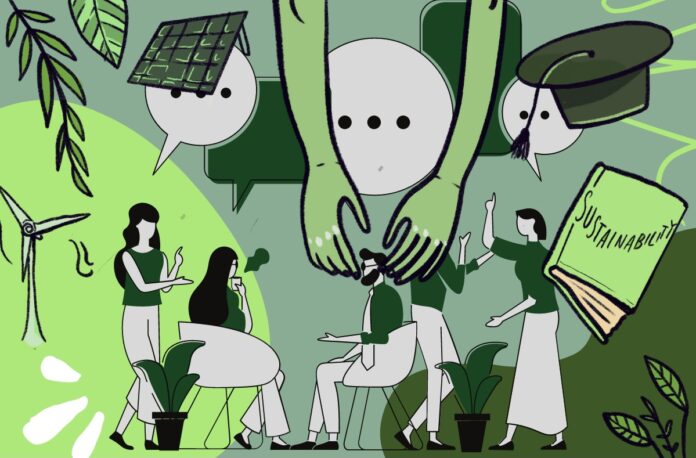 A green graphic with people talking. [Graphic by Sara Mizannojehdehi]