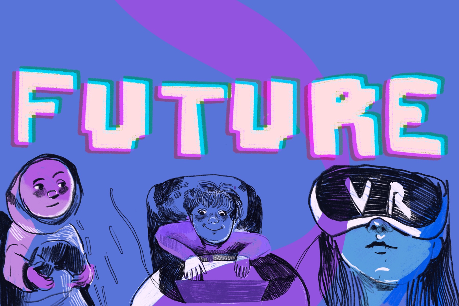 The word future in light pink with blue and purple accents over three people playing video games (one person holding a controller, one on laptop and one with VR headset). 