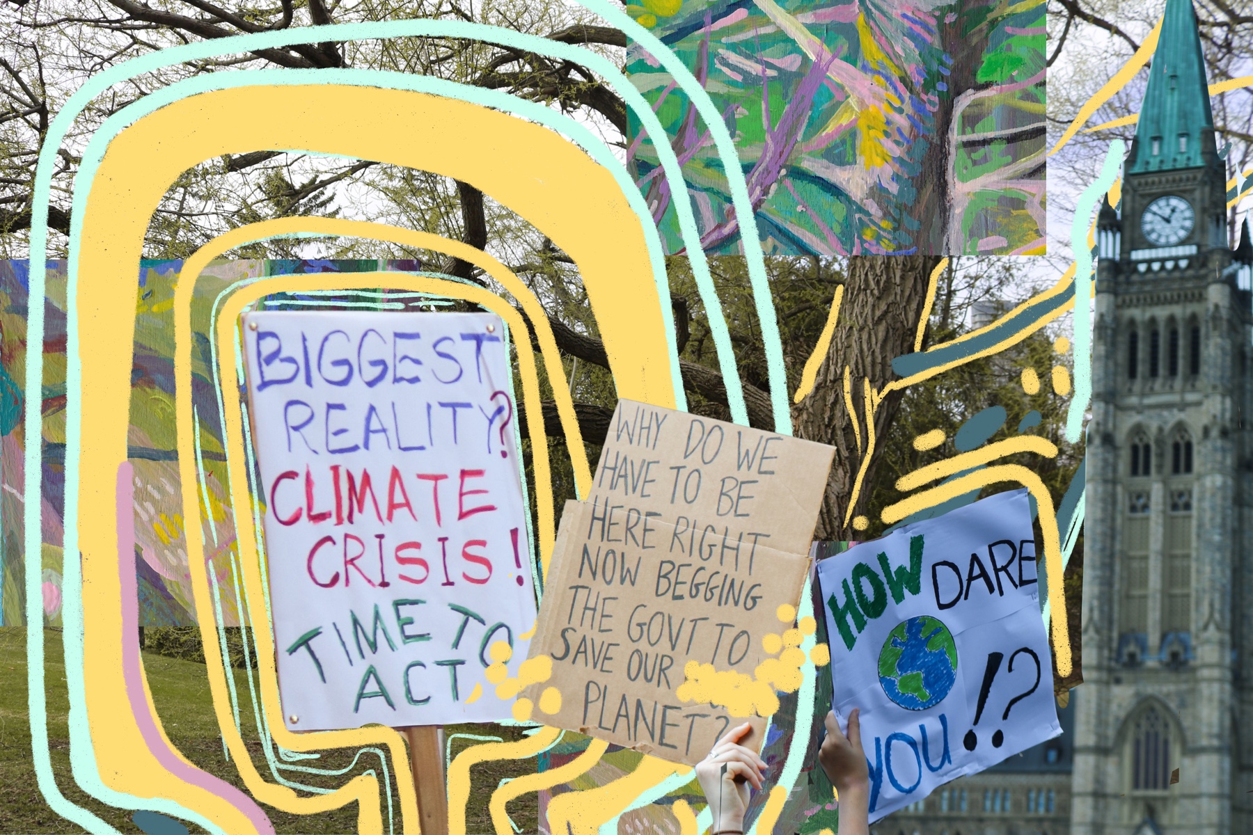 Signs that says "Biggest reality? Climate crisis! Time to act," "Why do we have to be here right now begging our govt to save our planet," and "How dare you?!"