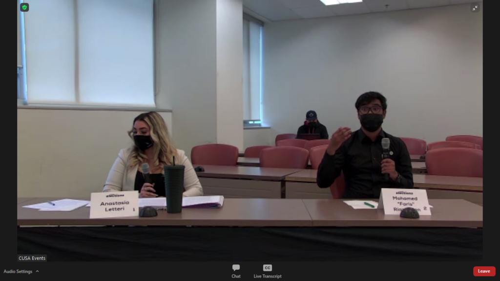 CUSA presidential candidates, Anastasia Lettieri (left) and Mohamed Faris Riazudden (right) participated in the CUSA Elections' debate on March 18, 2022. The event was livestreamed from campus. [Photo from Screengrab]