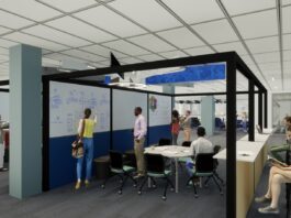 A rendered image of the Future Learning Lab showing some students sitting a table and others writing on a whiteboard.