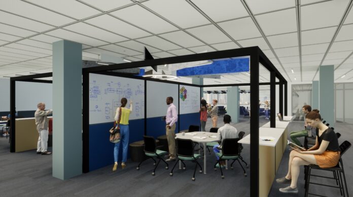 A rendered image of the Future Learning Lab showing some students sitting at a table and others writing on a blackboard.