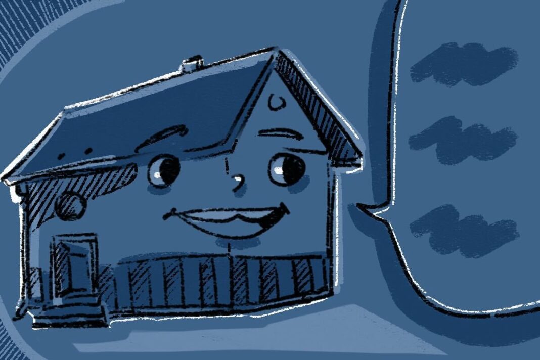 A graphic of a house with a speech bubble