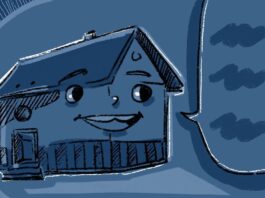 A graphic of a house with a speech bubble