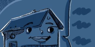A graphic of a house with a speech bubble