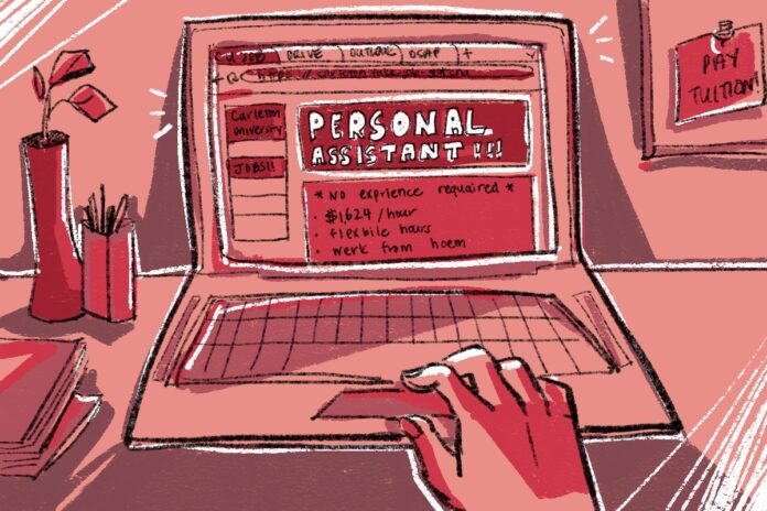 Drawing of a hand on computer mouse with the words personal assistant written on the screen.