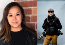 Photojournalist and writer duo awarded 2022 Travers fellowship Two photos of two people side by side. The first is standing in front of a brick wall. The second has a camera and is dressed for cold weather.