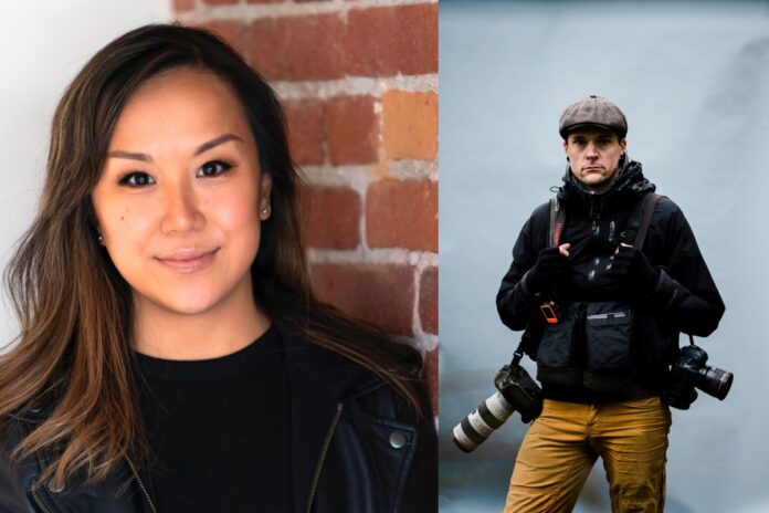 Two photos of two people side by side. The first is standing in front of a brick wall. The second has a camera and is dressed for cold weather.