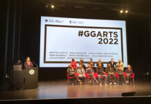 Governor General’s Awards in Visual and Media Arts create legacies Governor Generals' arts award swimmers sit on the stage at the NGC.