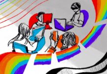 Online anonymity: The internet as a safe space for LGBT+ youth a bunch of people on their laptops with abstract rainbow lines around them