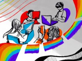 a bunch of people on their laptops with abstract rainbow lines around them