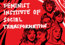 Feminist Institute for Social Transformation launches new name Drawing with text "Feminist Institute of Social Transformation" in white over red background with drawing of different figures on the side.