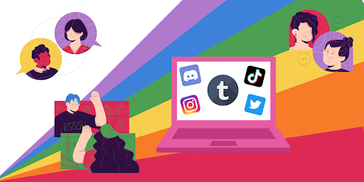 A rainbow background has a laptop with social media icons and cartoon heads on top of it