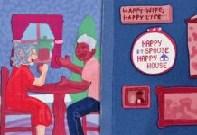 ‘Happy Wife, Happy Life’ isn’t always true, researchers find Drawing of a man and women sitting and laughing.