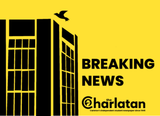 BREAKING: Nicol Building Bridgehead transitioning to university management A black building with the words "BREAKING NEWS" and the Charlatan newspaper logo against a bright yellow backdrop.