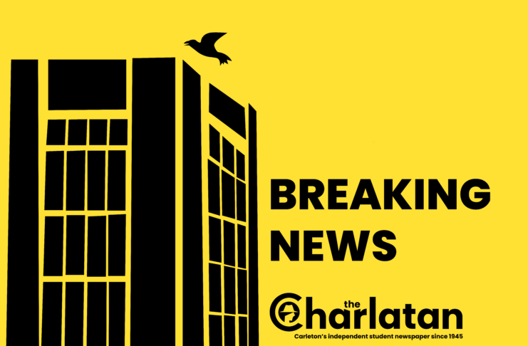 BREAKING: Nicol Building Bridgehead transitioning to university management A black building with the words "BREAKING NEWS" and the Charlatan newspaper logo against a bright yellow backdrop.