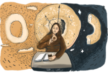 I spent 24 hours in a bagel shop. Here’s what I learned. A graphic of Isabel Harder looking at a bagel with sleepy eyes as a giant bagel clock ticks behind her