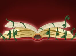 An illustration of an open book covered with vines on a red background.