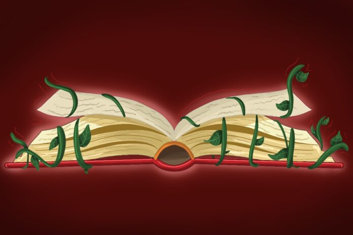 An illustration of an open book covered with vines on a red background.