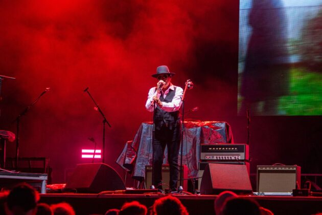 Man in a black hat, white shirt and black pants sings in front of a mic amid a red backdrop.