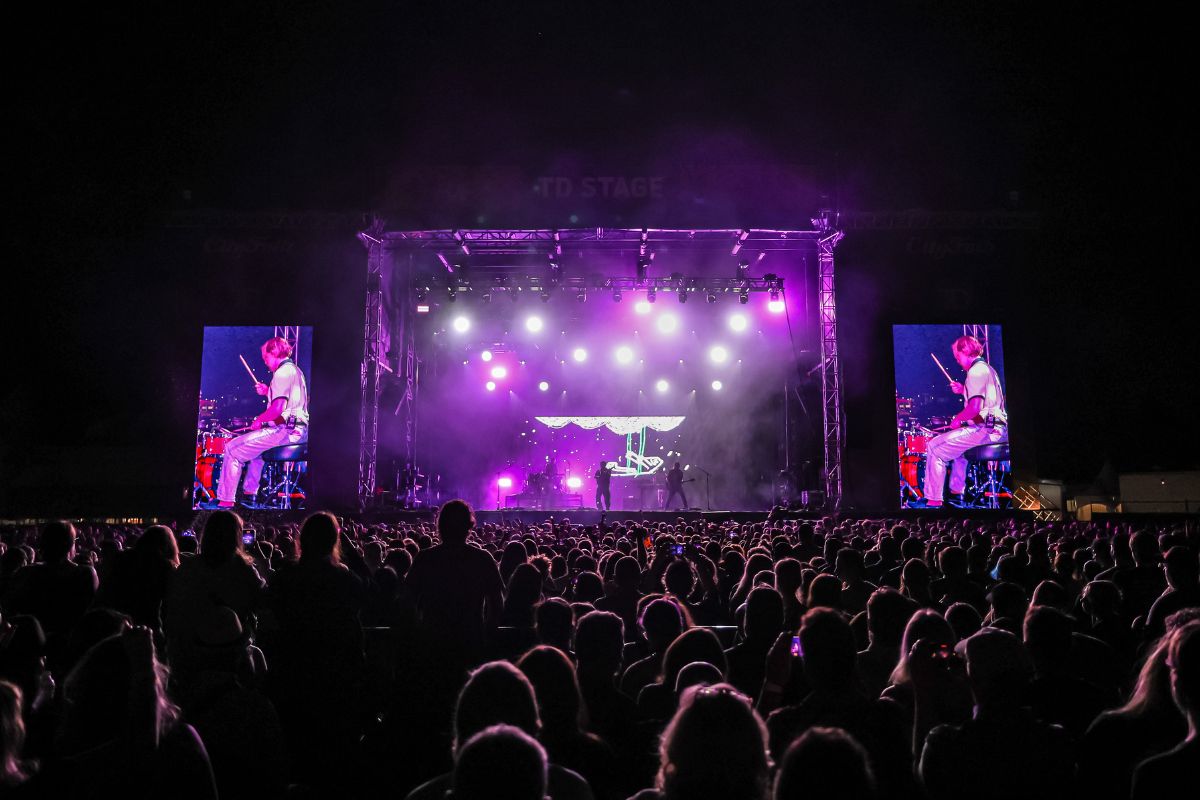 Wide shot of the crowd at Lansdowne park and the performers in the distance. 