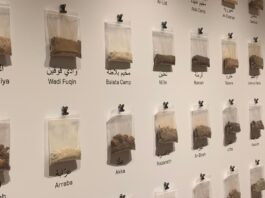 Bags of dirt with place names under it attached to the wall.