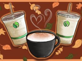 Amid a orange background, two cold white drinks, and one warm coffee drink