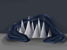 A navy blanket lays atop spikes. The spikes stick out.