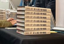 Journalist Carol Off promotes new book that challenges distortions in language Copies of Carol Off’s new book, 'At A Loss For Words: Conversation in the Age of Rage,' sit on a table at Southminster Church in Ottawa. The spines of the books are all piled up on top of each other with a hand reaching out to sign a copy.