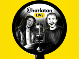 A graphic of charlatan podcast hosts in front of a microphone.