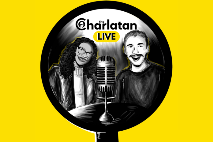 A graphic of charlatan podcast hosts in front of a microphone.