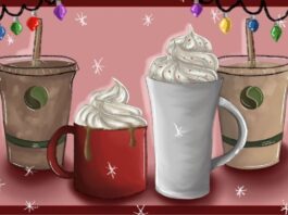 Amid a pink background, four new holiday drinks are shown. There are drawings of alted caramel and almond latte, chocolate orange frappe, gingerbread iced chai latte and salted caramel white chocolate cappuccino.