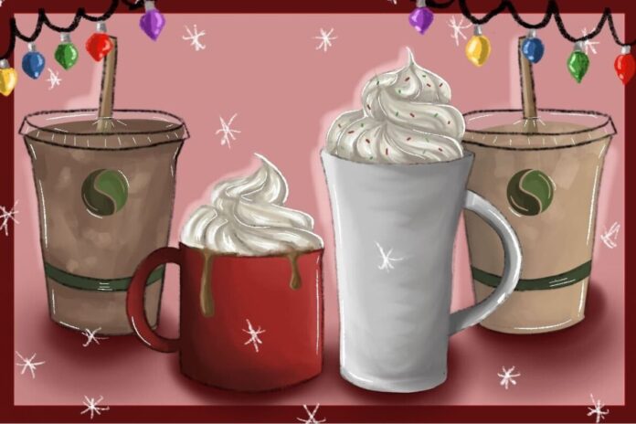 Amid a pink background, four new holiday drinks are shown. There are drawings of alted caramel and almond latte, chocolate orange frappe, gingerbread iced chai latte and salted caramel white chocolate cappuccino.