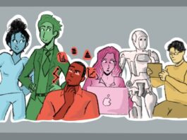 A drawing of a nurse, an accountant, a data scientist, a woman in cybersecurity, a robot and a robot designer.