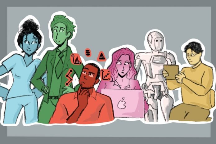 A drawing of a nurse, an accountant, a data scientist, a woman in cybersecurity, a robot and a robot designer.